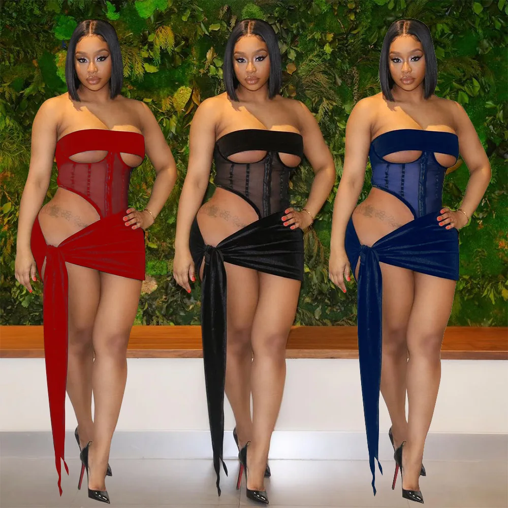 2021 Summer Women New Velvet Sexy Corset Top And Bandage  Strapless Midnigh Clubwear Transparent  Skirt Sets 2 Piece Outfits