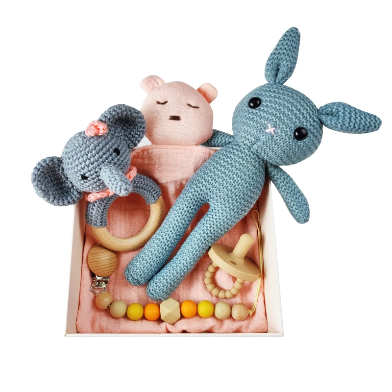 Wholesale 100% Handmade Crochet Rattle Wooden Baby Rattles Baby Pacifier Clip Bracelet Rattle Teether Toy Set
