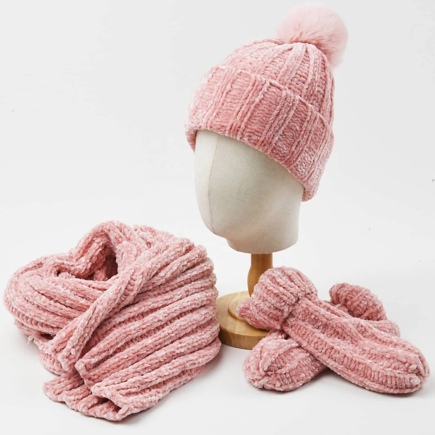 Chenille soft beanie hats scarf gloves sets chunky knit manufacturer for winter women with custom logo soft cute warm fluffy