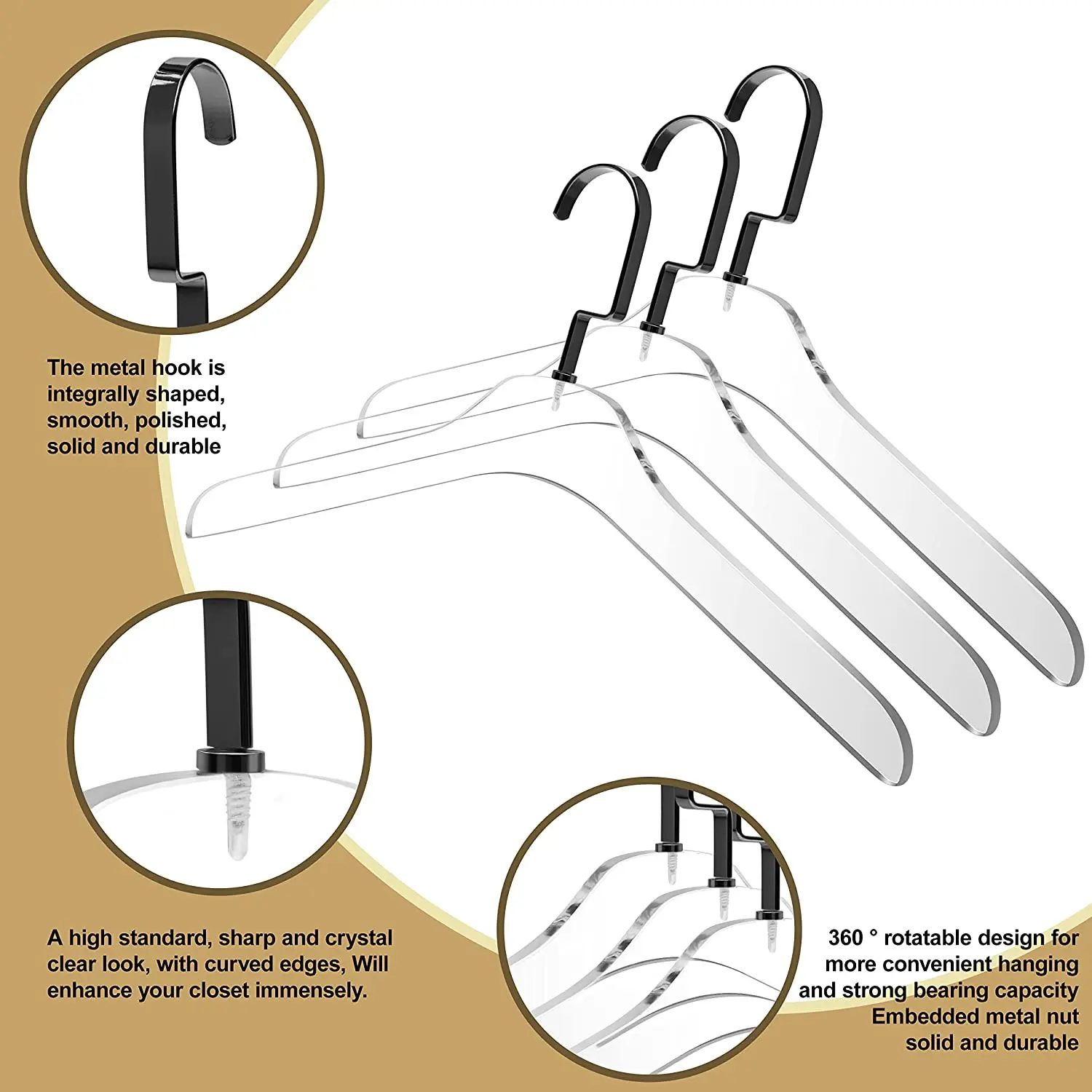 5 Pack Luxurious Closets  Clothes Hangers Clear Acrylic Hangers with Gold Chrome Plated Steel Hooks