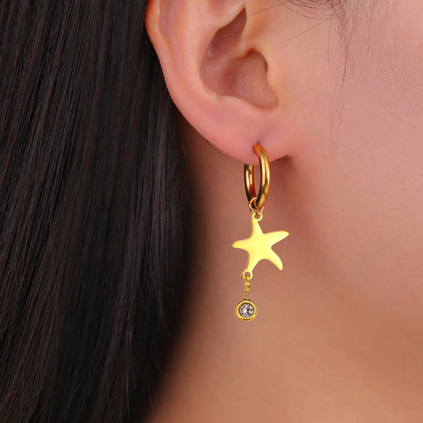 Shining Zircon Star Dangle Drop Earrings For Women Fashion Cute Hoop Earrings Stainless Steel Jewelry Gift