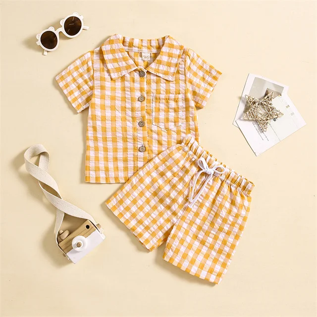 1 Pcs Custom Tag Plaid Cotton Outfit Summer Baby Infant Clothes Top Shorts Toddler Boys Two Pieces Set