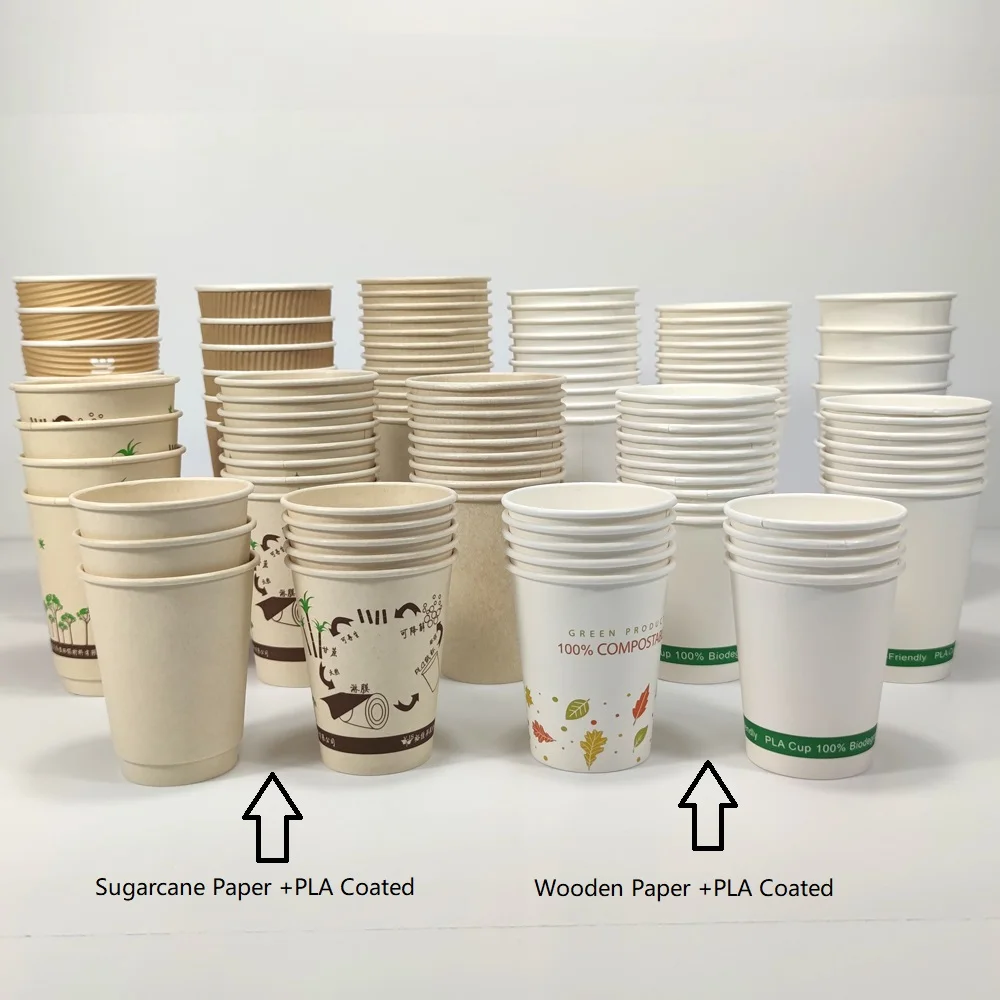 Biodegradable Disposable Coffee Paper Cups Single Double Wall PLA Coating Gold Foil Embossing Vanishing Stamping Varnishing