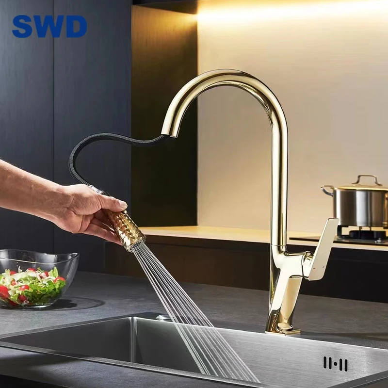 Bathroom Sink Spring Sparking Water Saving Tap Pull Out Down Basin Faucet Gold Mixer Faucets, Mixers & Taps
