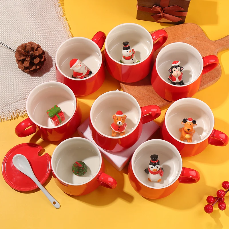 Wholesales Cute Cartoon Animal Red Ceramic Cup Custom Logo Mug Christmas Ceramic Cup