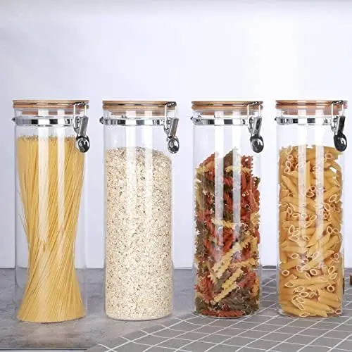 YOIOWE, набор роскошных кухонных канистр, набор из 5 стеклянных банок для хранения продуктов, бамбуковые крышки, металлическая застежка, стальное уплотнение для вечеринок со специями