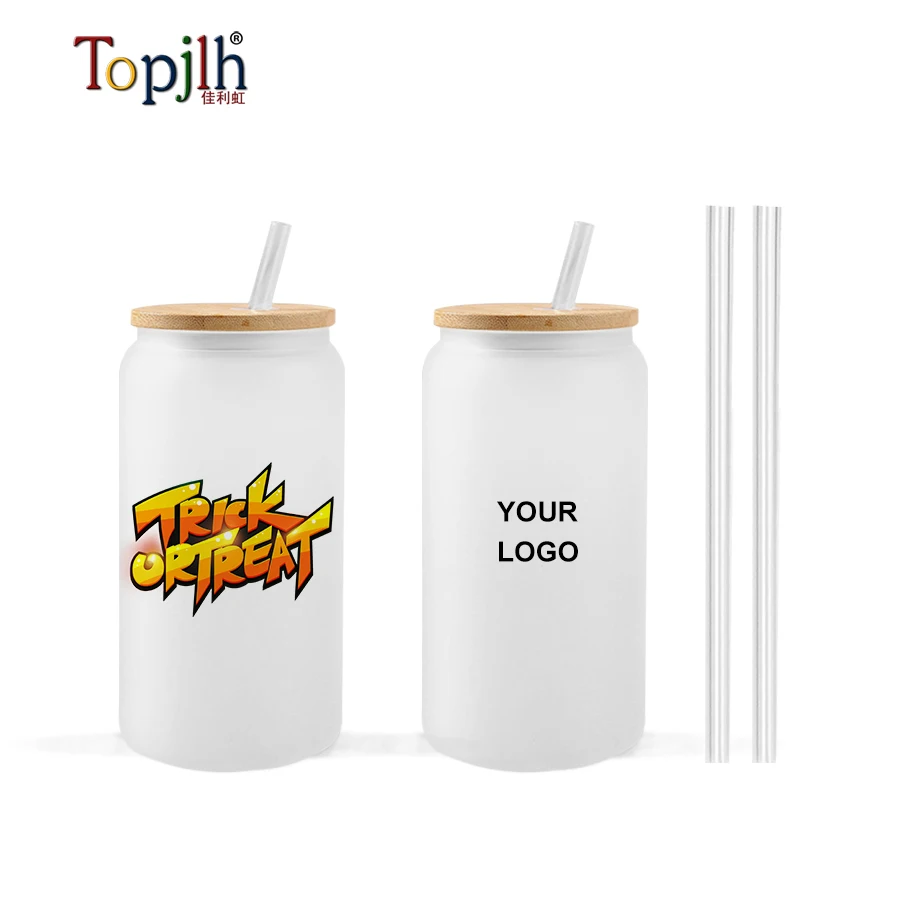 Topjlh HOTSALES Blank Sublimation 16oz Frosted Glass Tumbler With Bamboo Lid and Straw Custom Logo Tumblers Cola Can
