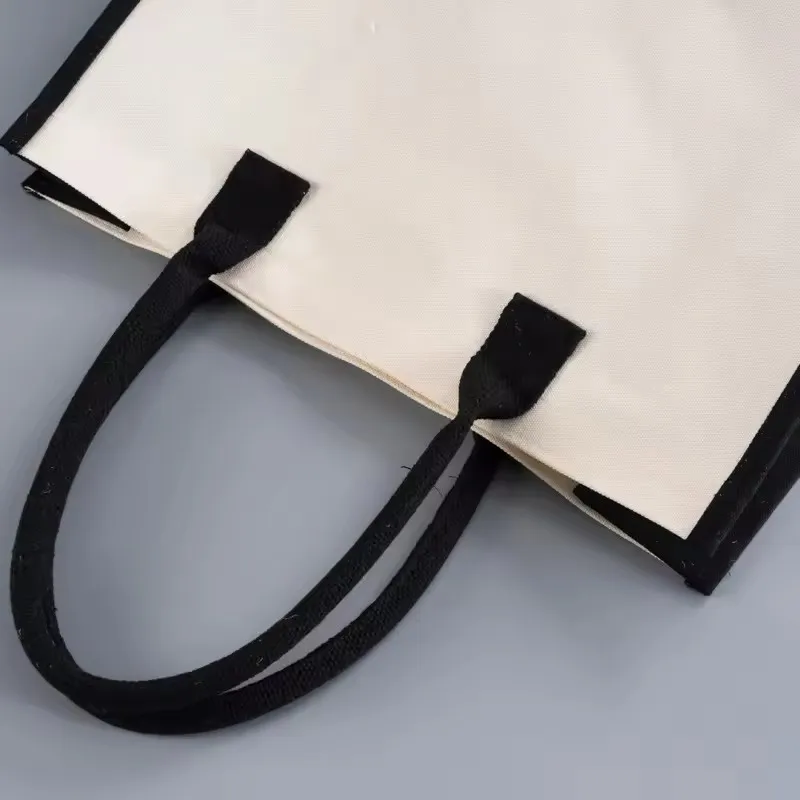 Black Beige Canvas Tote Bag with Thick Fabric and Padded Handle