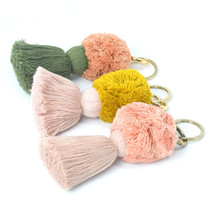 Pom Pom Tassel Keychain for Women ,cotton Pompoms Keyring With Tassel Pendants