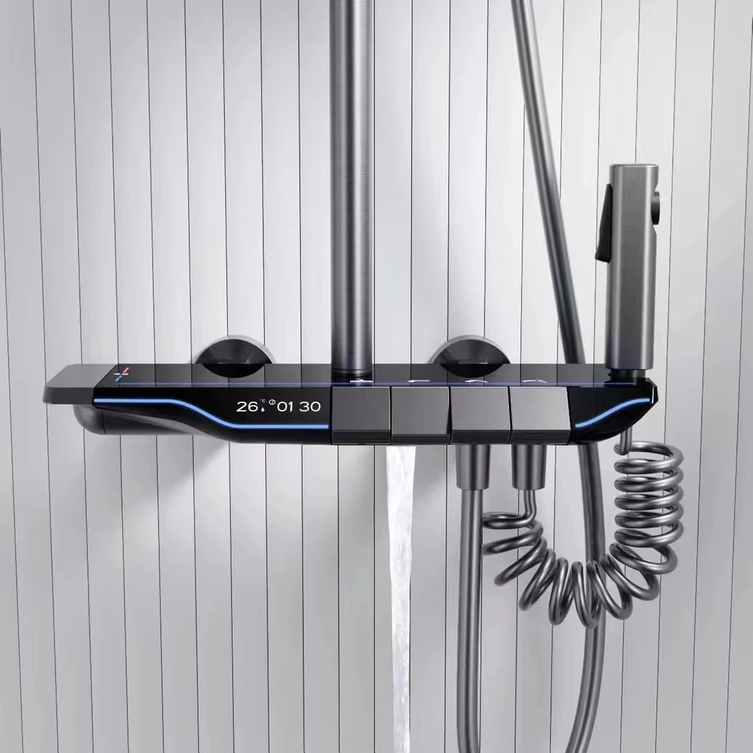 Grey Piano Digital Shower Set Intelligent Brass Bathroom Faucets Hot Cold Waterfall Tap Rainfall Gray Shower System chuveiro