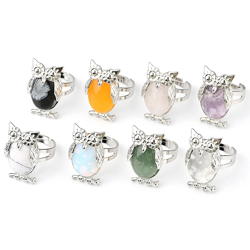 New Lovely Large Copper Bezel Oval Amethyst Adjustable Ring Animal Ring Owl Oval Crystal Ring