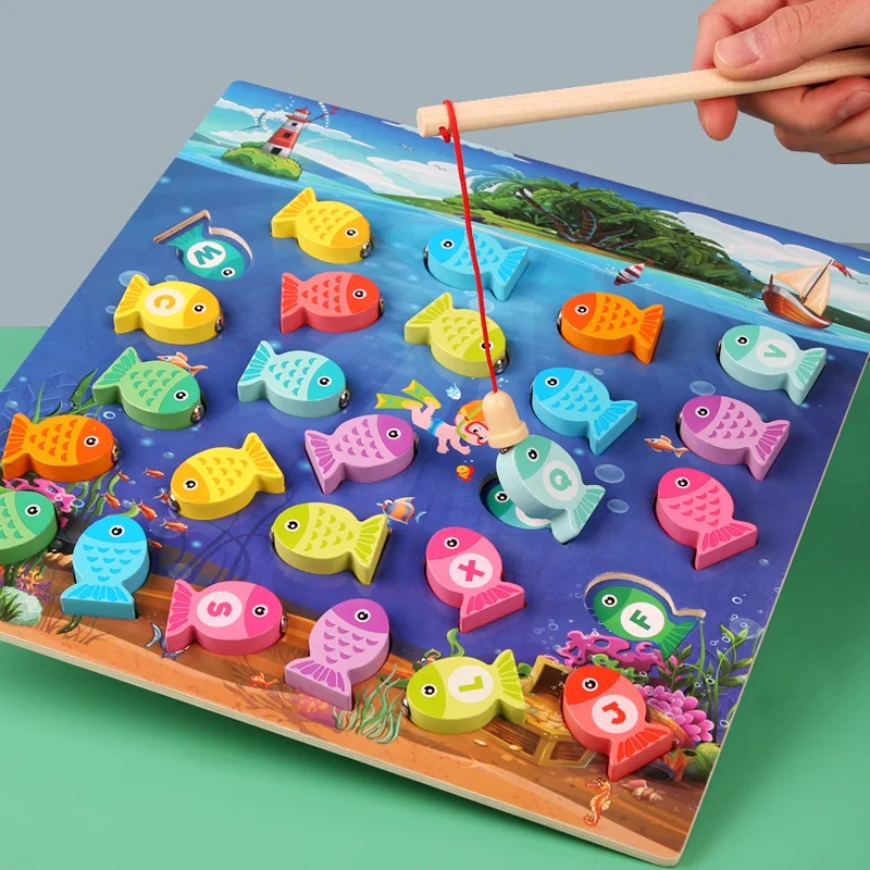 Baby Puzzle Board Teaching Aids Eco Friendly Educational Toys Set Fish Magnetic Wooden Fishing Toy Game