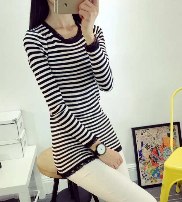 Women blouse ladies fashion Korean lace knitted woman new stripe sweaters