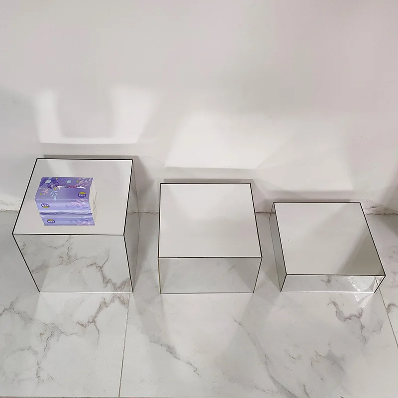 Set of 3 Square Mirrored Display Cube Acrylic Buffet Riser Sliver Mirror Acrylic Catering Buffet Risers Display Food Display
