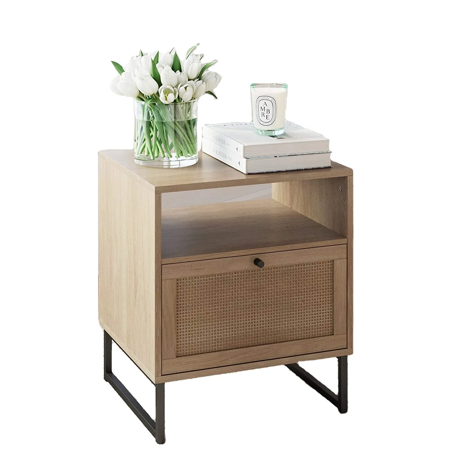 Modern Mid Century with rattan drawer steel frame nightstand modern bedside table bedroom furniture