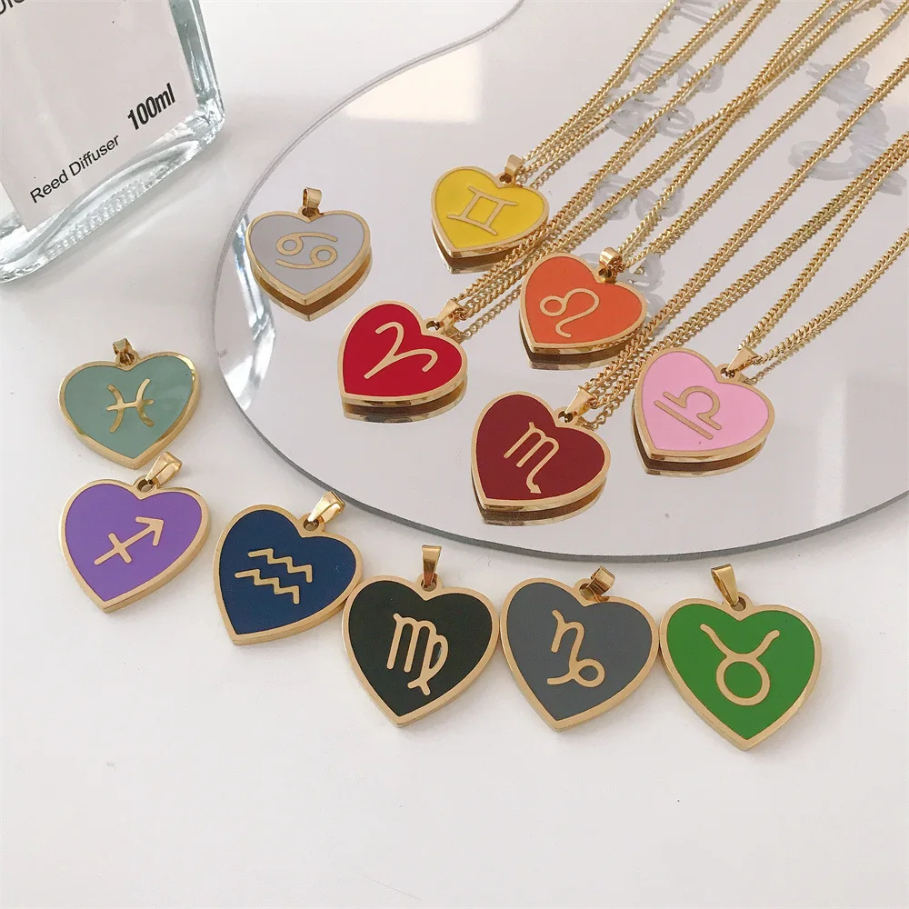 Trendy Fashion Colorful Enamel Zodiac Symbol 12 Constell Pendant Stainless Steel Necklace