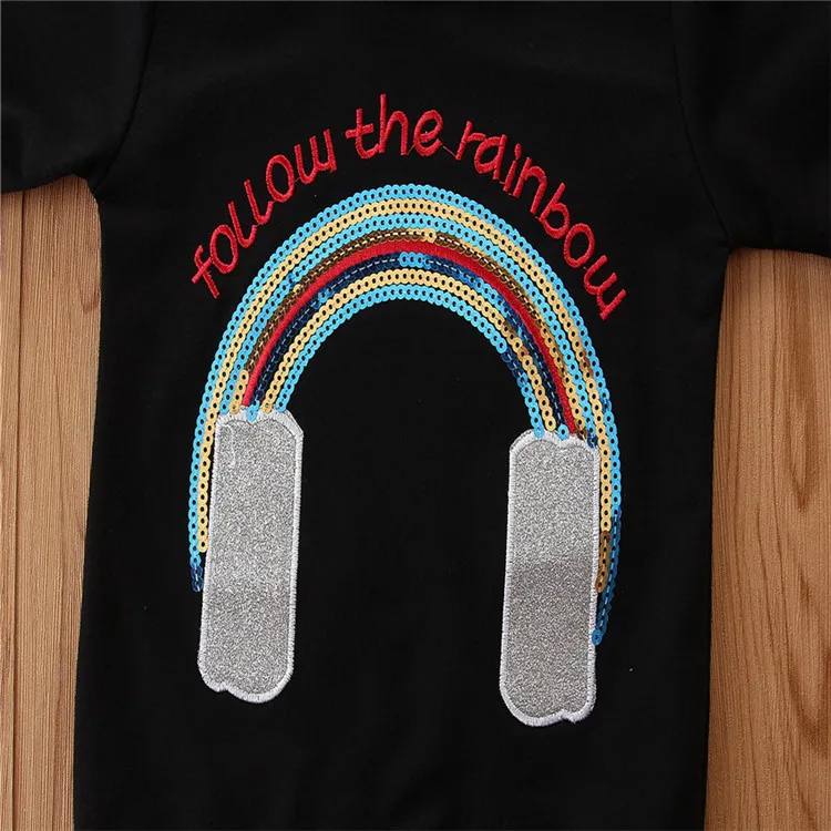 
Spring Autumn Kids Girl Clothes Black rainbow sweatshirts + ruffle pants 2pcs fashion girl clothing set 