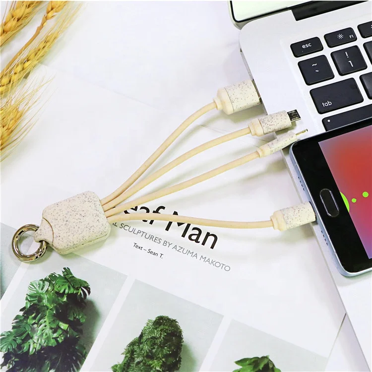 Eco-Friendly Promotion Gift Wheat Straw USB Charging Cable Custom Logo Portable Multi 3 in 1 USB Type-C Micro OTG Charger