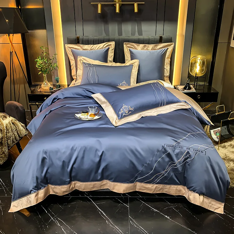 2022 Hot Sale Custom King Silky Smooth Embroidery Sheets Simple Design 100S Cotton Bedding Sets
