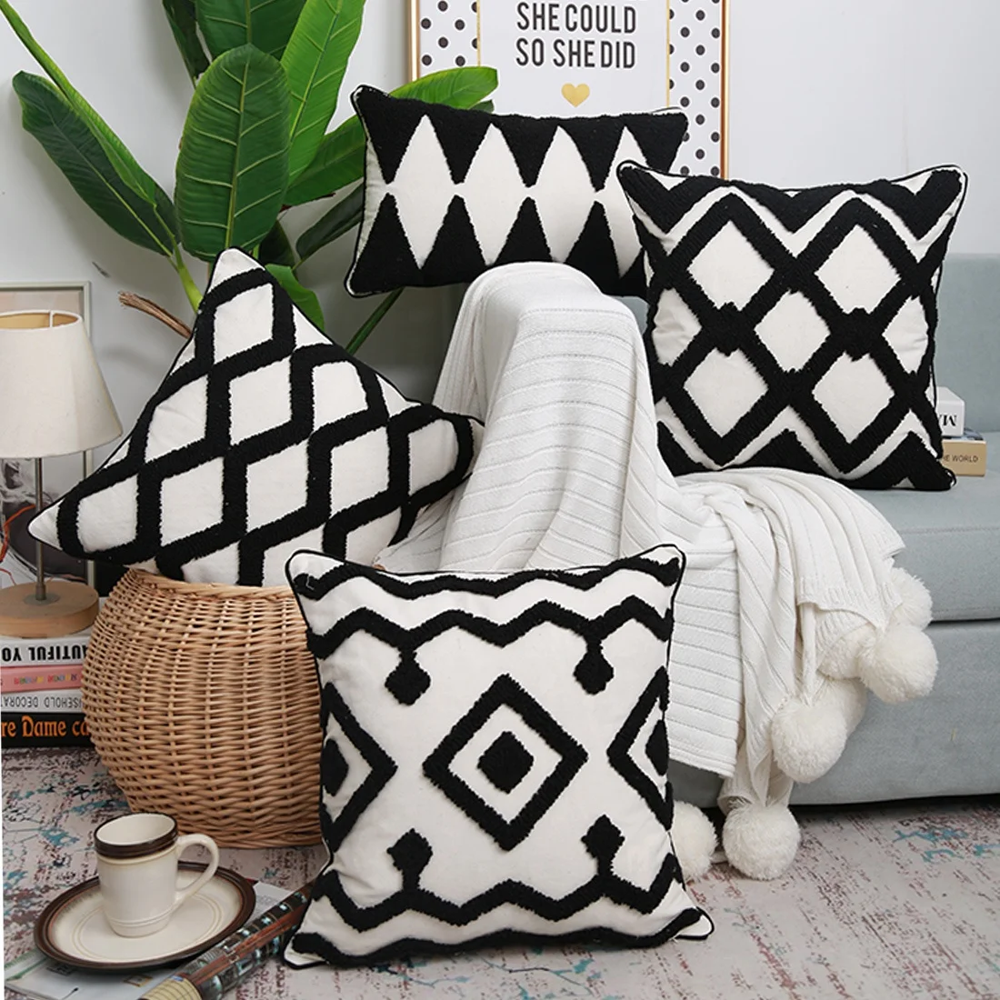 Square white black geometric cushion cover moroccan style pillow cover woven for home decoration sofa bed 45x45cm/30x50cm