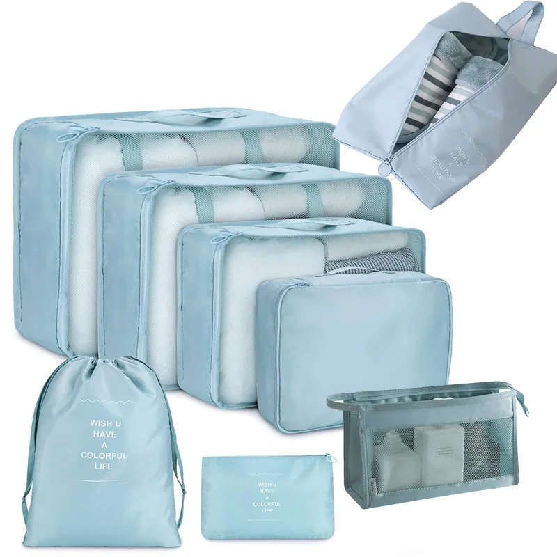 Customized Waterproof Travel Essentials Storage Suitcases Polyester Packing Cube 8 Piece Set Travel Organizer Bags For Luggage