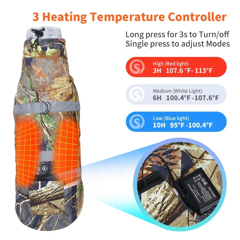 Heating Pet dog clothes with temperature adjust waterproof easily take on/off for walking the dog in winter