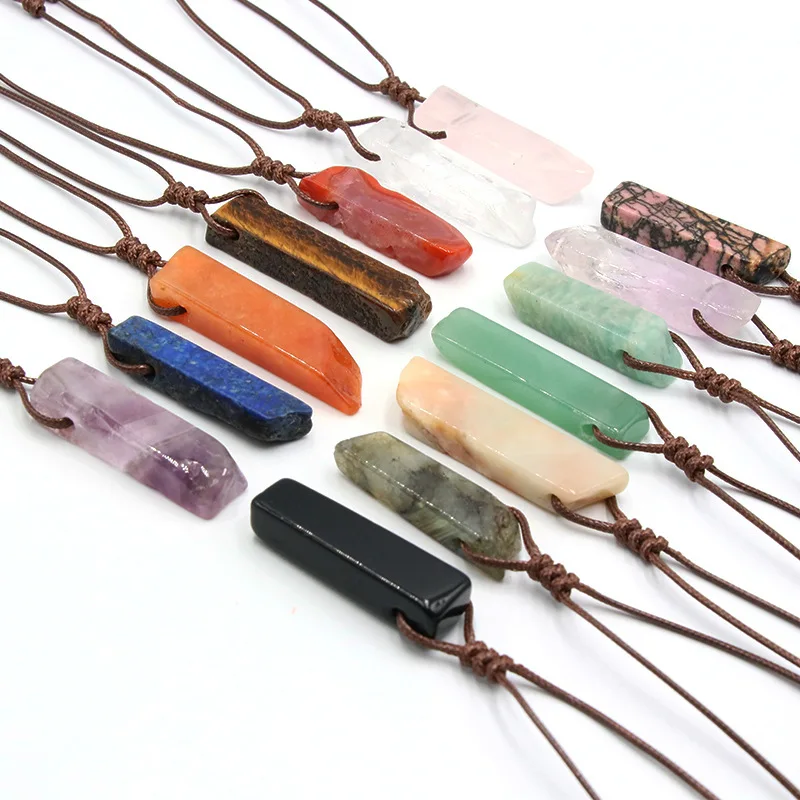 New Hot Healing Stone Handmade Knotted Waxed Rope Long Irregular Rectangle Gemstone Crystal Pendant Necklace Couple Gifts