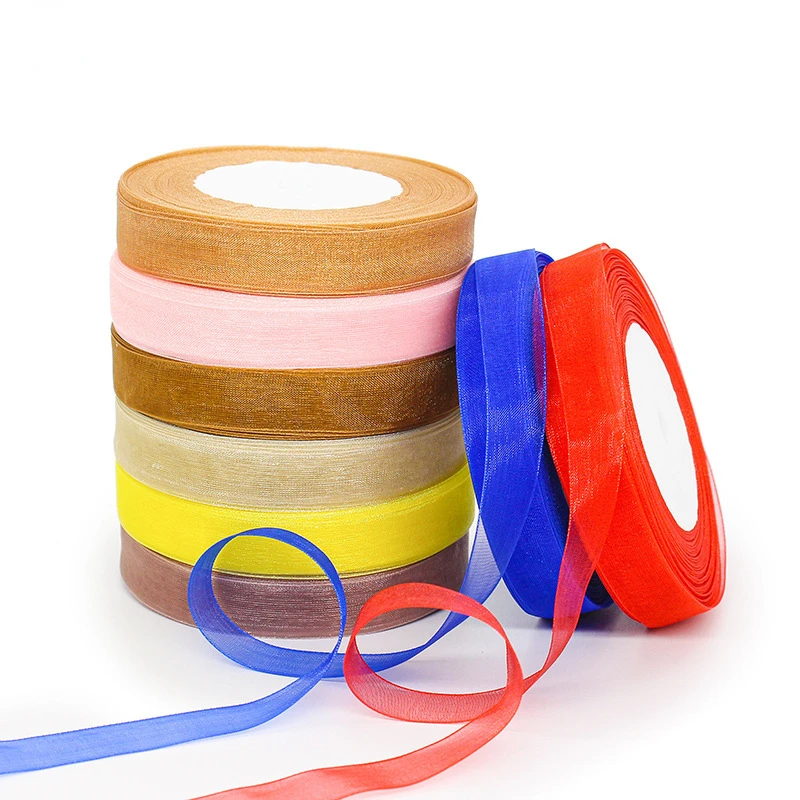 Factory wholesale 1.5cm wide weaving hook hat transparent organza tape gift packaging braided hair ribbon chiffon ribbon