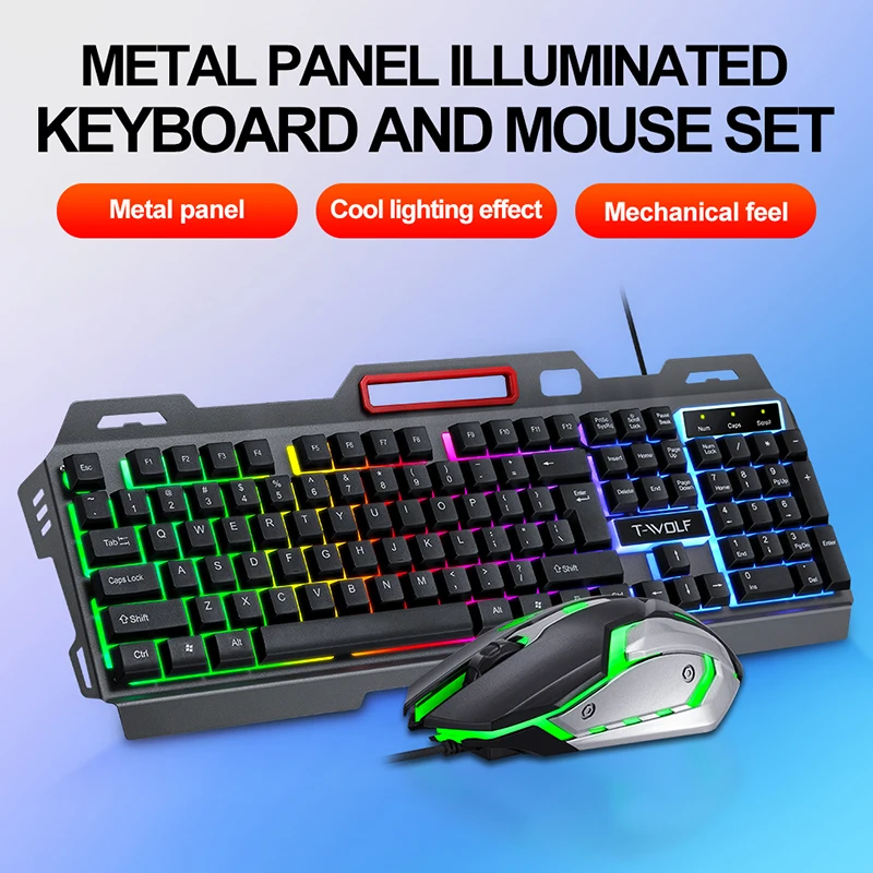 Amazon hot selling Mechanical gaming keyboard and mouse combo LED backlight iron feel keyboard 4D gaming mouse 3200DPI