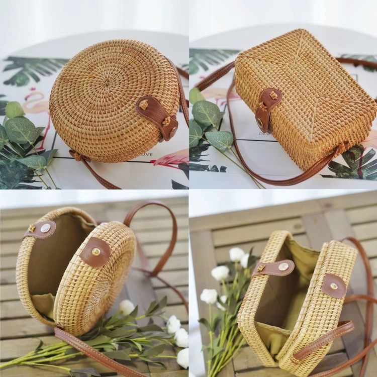 New Natural Rattan Sling Bag Beach Ladies Bali Rattan Round Bag With Snap Clasp