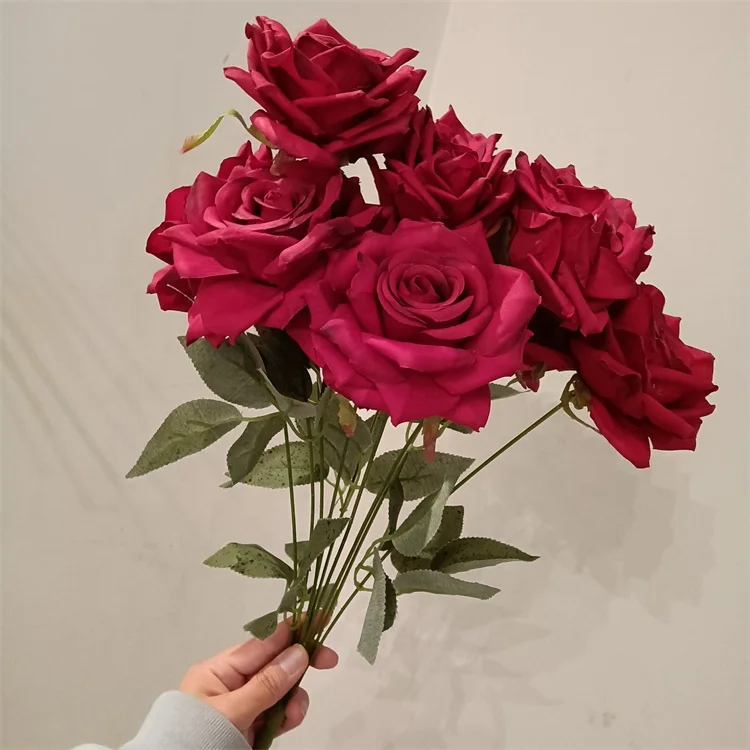 N-0002 Decorative Wedding Bouquet Romantic Red Faux Artificial Rose Flowers