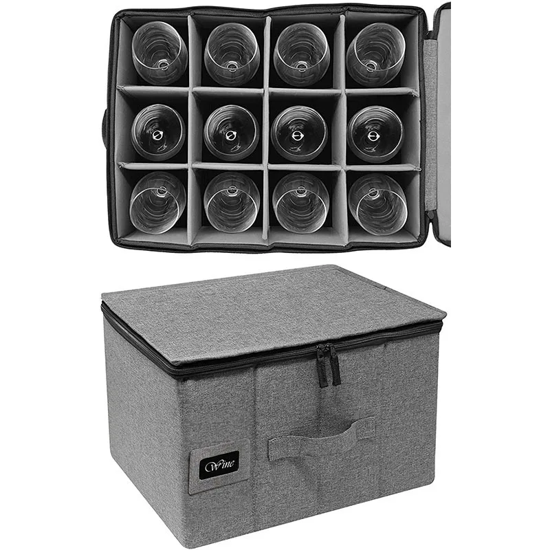 Deluxe padded quilted case wine glass mug storage box with 12 dividers stemware basket bag