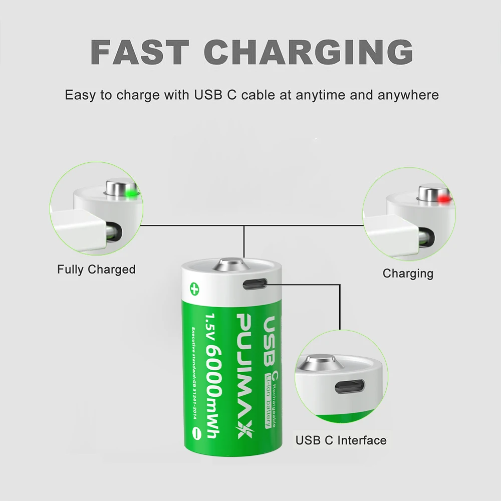 PUJIMAX Constant Voltage C Size Lithium Ion Battery 6000mWh 1.5V Type C Charging Rechargeable Batteries USB C Li Ion Battery