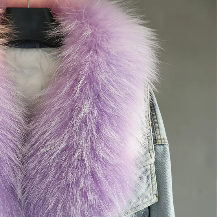 Custom Wholesale Winter Thick Plush Warm Loose Down Jacket Womens Large Raccoon Fur Collar Denim Down Jacket for Women