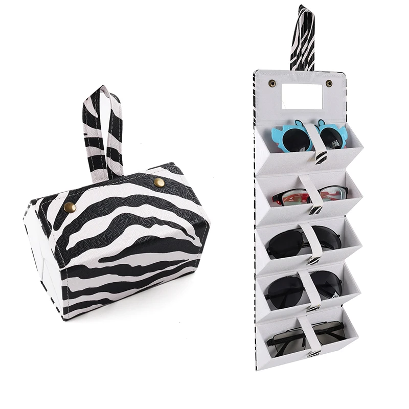 zebra-stripe Multiple 5-Slots Case Fashion PU Multi Layer Triangle Folding Sunglasses Storage Boxs bag pouch with hanger