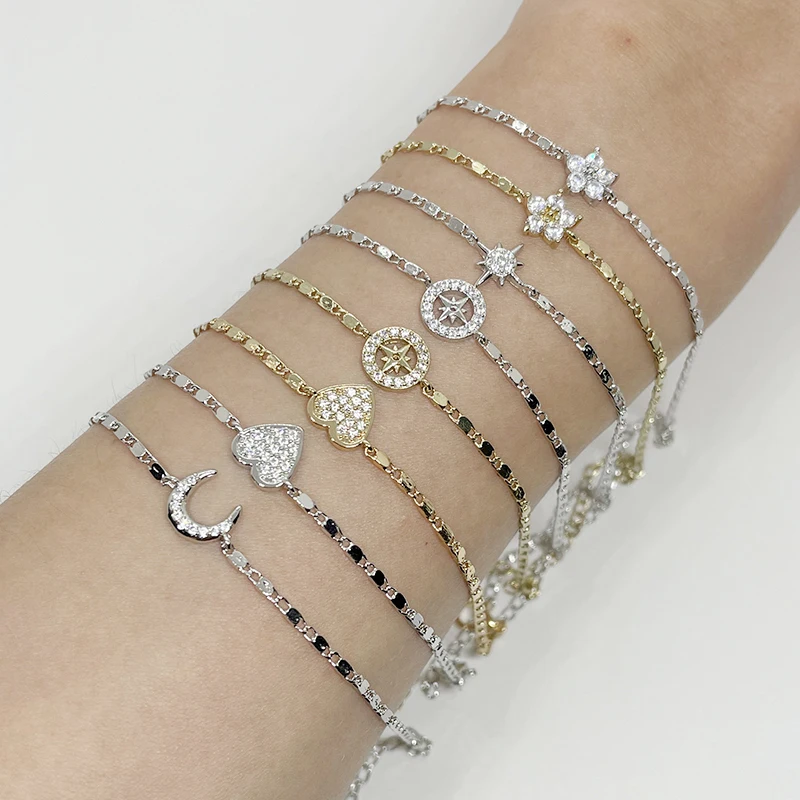 Ready to ship gold plated heart zircon bracelet jewelry adjustable stainless steel zircon bracelet for women