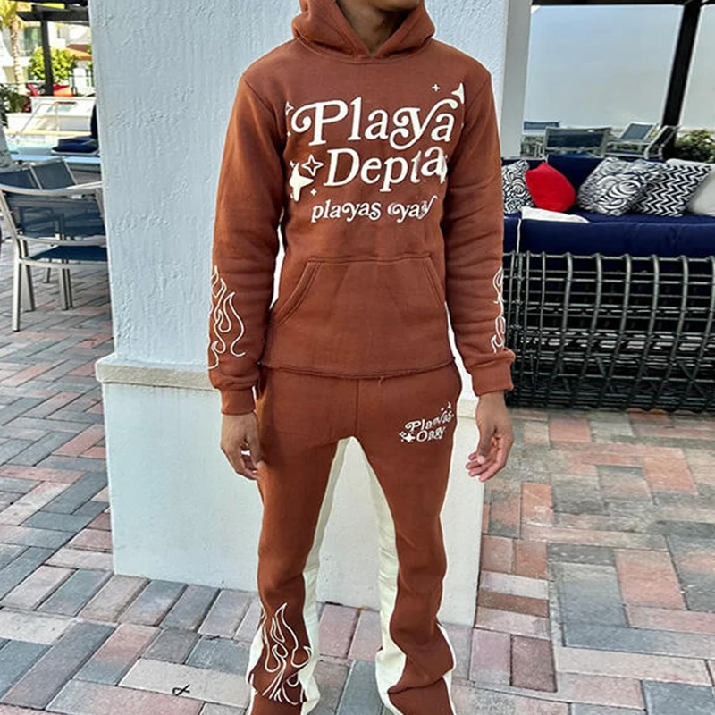 Clothing Manufacturers Custom Streetwear  French Terry Heavyweight Unisex Raw Hem Cropped Hoodie Flared Sweatpants Sweatsuit Men