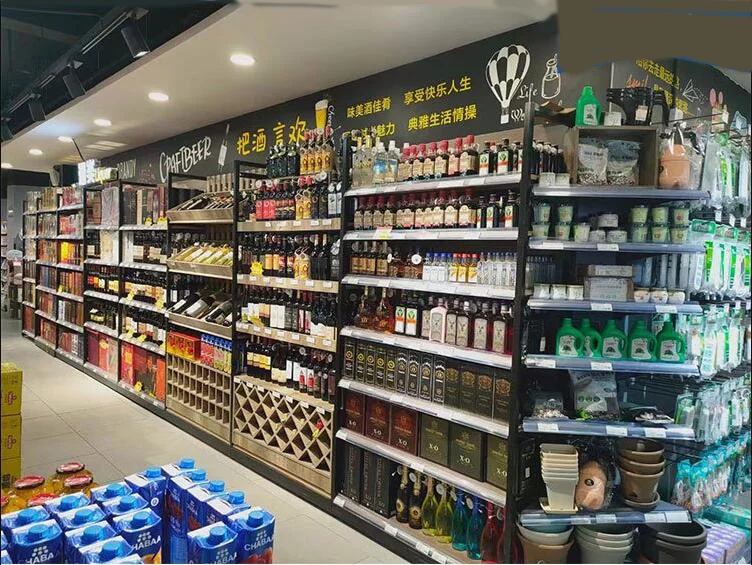 Popular wooden fruits and vegetable display shelf steel wooden combined shelf supermarket steel wood shelf