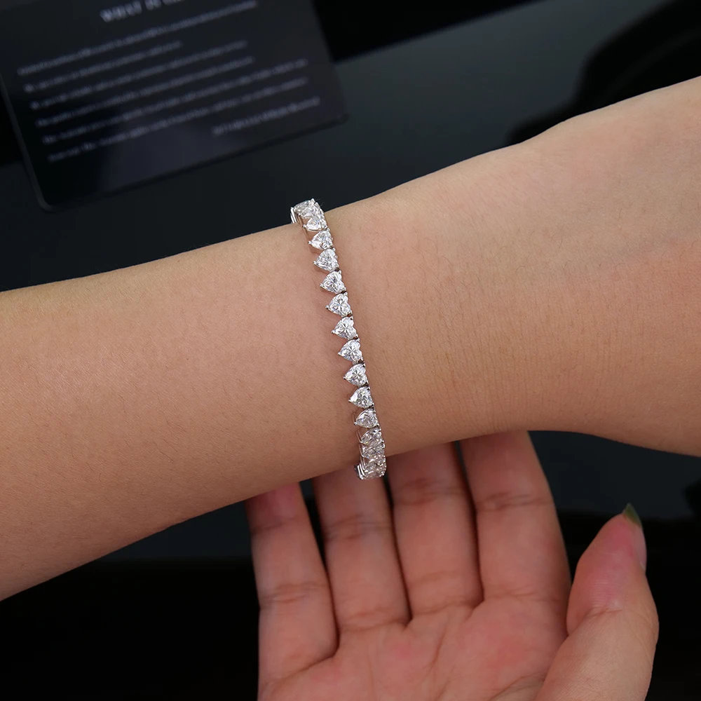 Bulk  Wholesale Custom Gra Certified Jewelry S925 Silver Vvs 4mm Heart Mossanite Moissanite  Ice Diamond Tennis Chain Bracelet