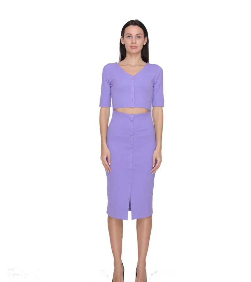 OEM/ODM purple skirt and crop top set front split pencil dress women suit