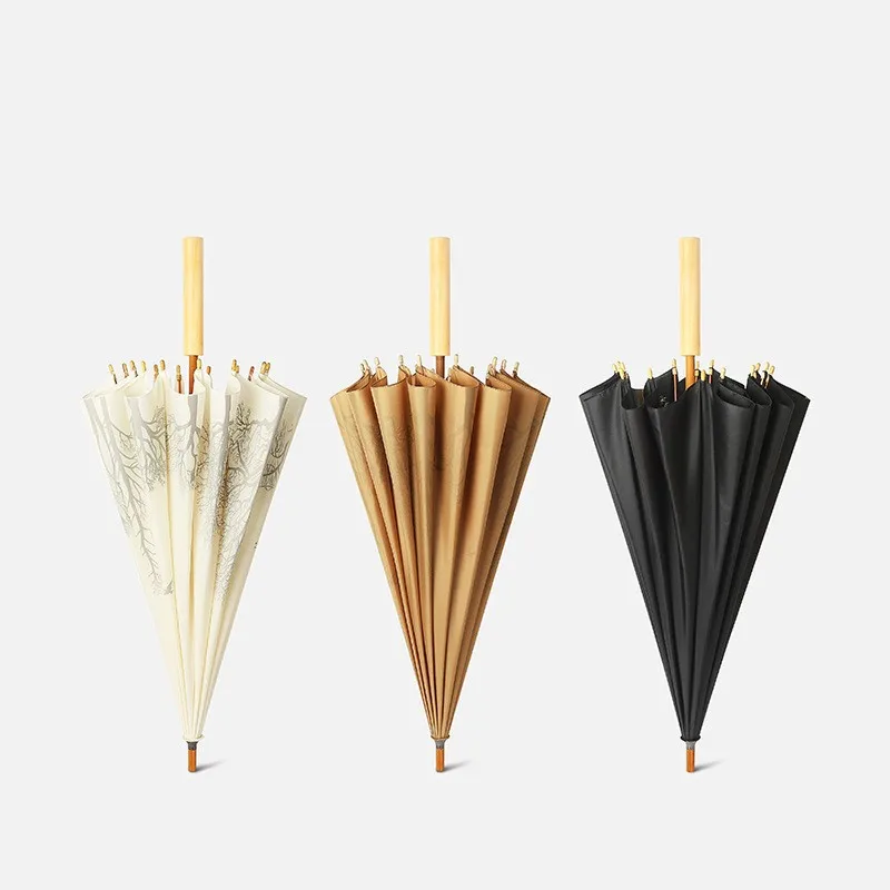Fashion Style Wooden Handle Umbrella 16 Rib Long Handle Straight Umbrella Crafts Large Manual Sunshade Umbrella For Outdoors