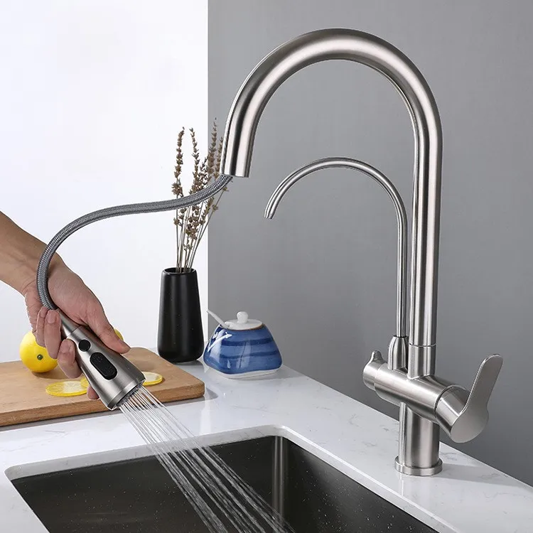 304 stainless steel cold and hot dual-purpose pull-out kitchen faucet 3 way kitchen faucet sink faucet purifier outlet