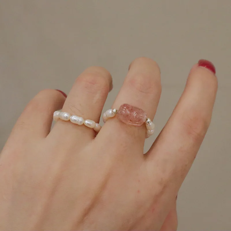 Natural crystal freshwater pearl tourmaline strawberry crystal do not fade elastic beaded ring