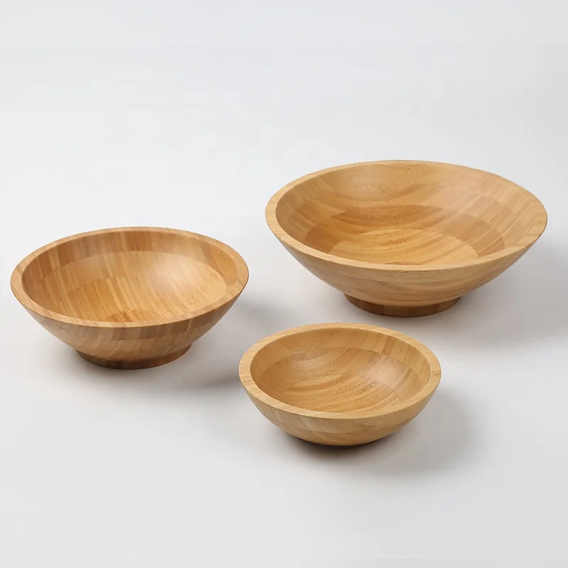  Eco Friendly Nature Set of 3 Round Flat Bamboo wooden Salad Bowls Big Food Bowl Serving Reusable