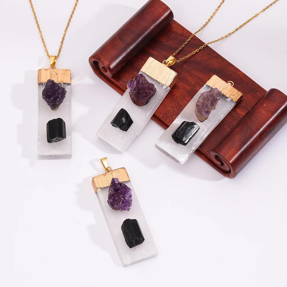 Geometric Rectangle Natural Selenite Amethyst Raw Stone Drusy Black Tourmaline Inlaid Selenite Necklace for Men Women