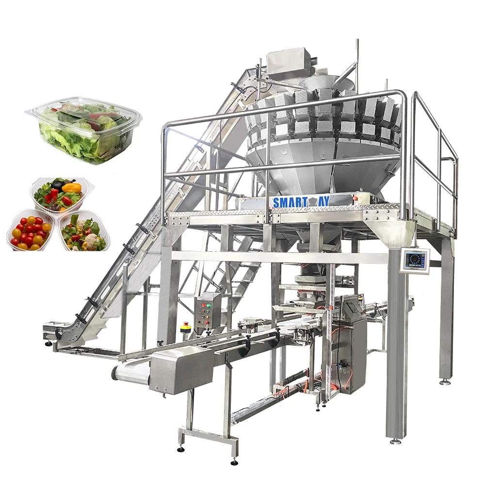 Multi-function automatic mixed salad plastic tray packaging machine parsley mint packing machine with dispense tray denester