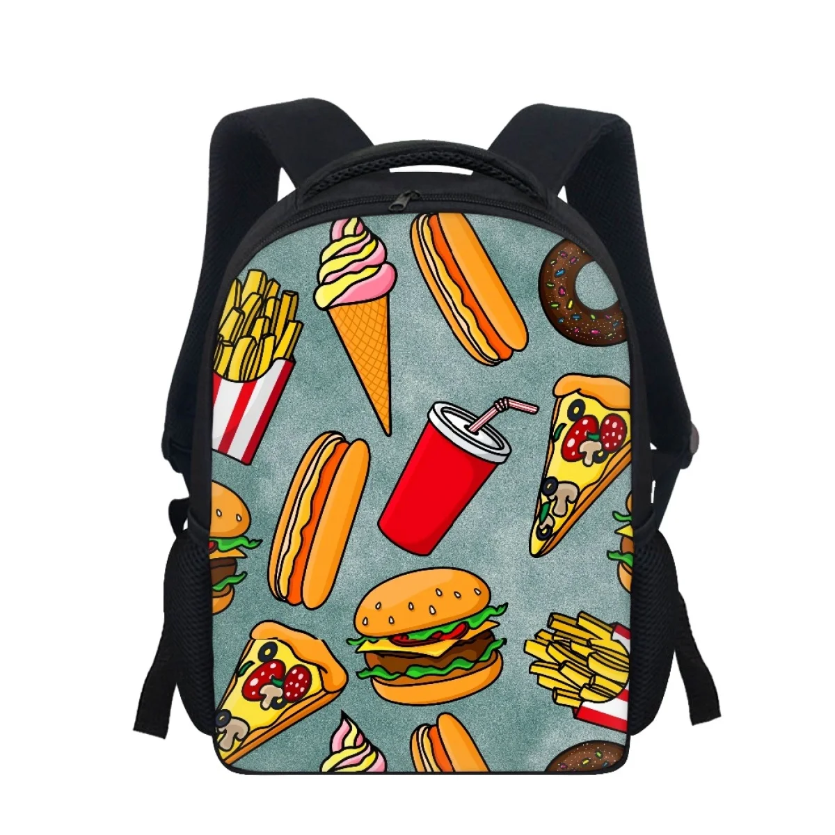Wholesale Custom Burger Coke pizza doughnut ice cream picnic elemens Pattern 12 inch Student Multifunctional waterproof Backpack