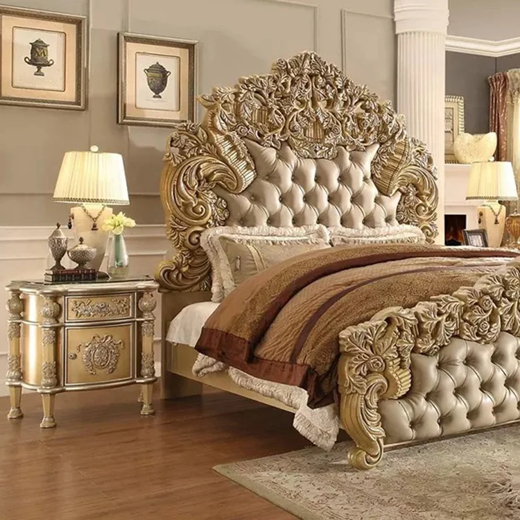 High end Luxury Royal Italian Bedroom set furniture Carved Queen Baroque Beds Luxurious King size Rococo Antique Bed frame
