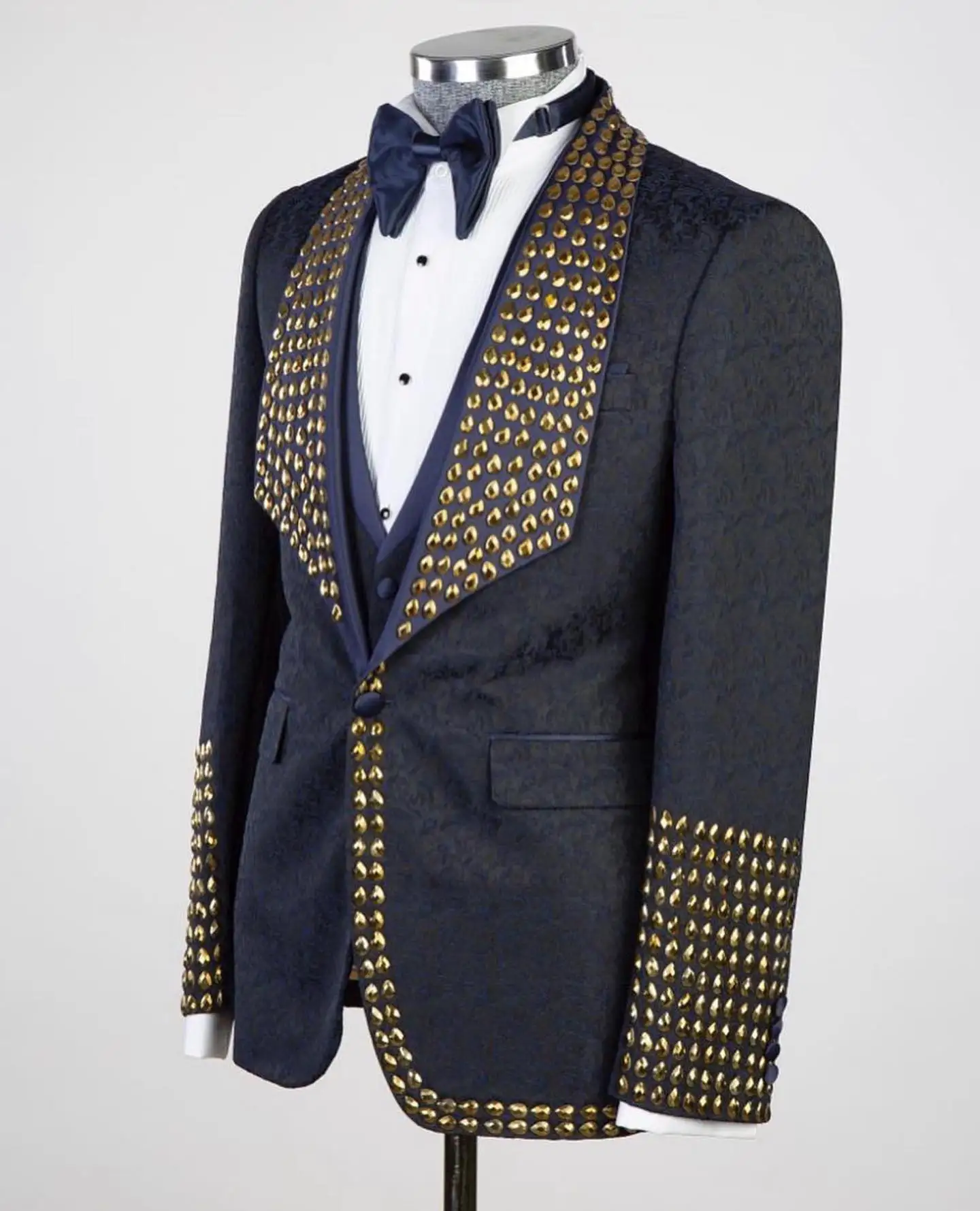 Tailor made stone shiny   Wedding  Suit For Men Formal Groom Luxury Prom Tuxedo Best  black Suits with yellow stones Man