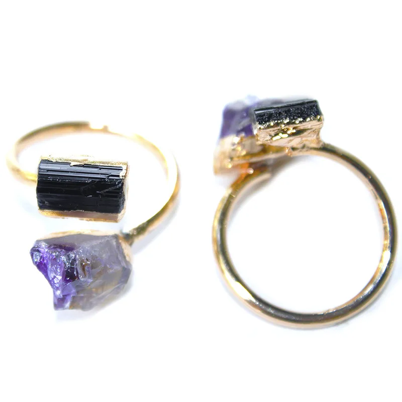 Wholesale Natural Stone Gold-plated Ring Irregular Tourmaline Crystal Ring Amethyst Jewelry